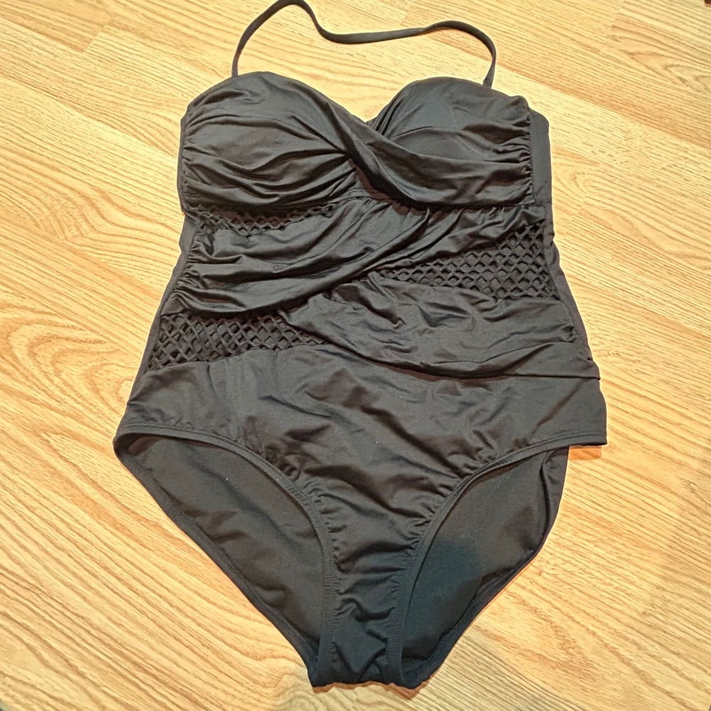 Apt.‎ 9 Womens Black Ruched Mesh Cutout One Piece Swimsuit Plus Size 1X Halter
